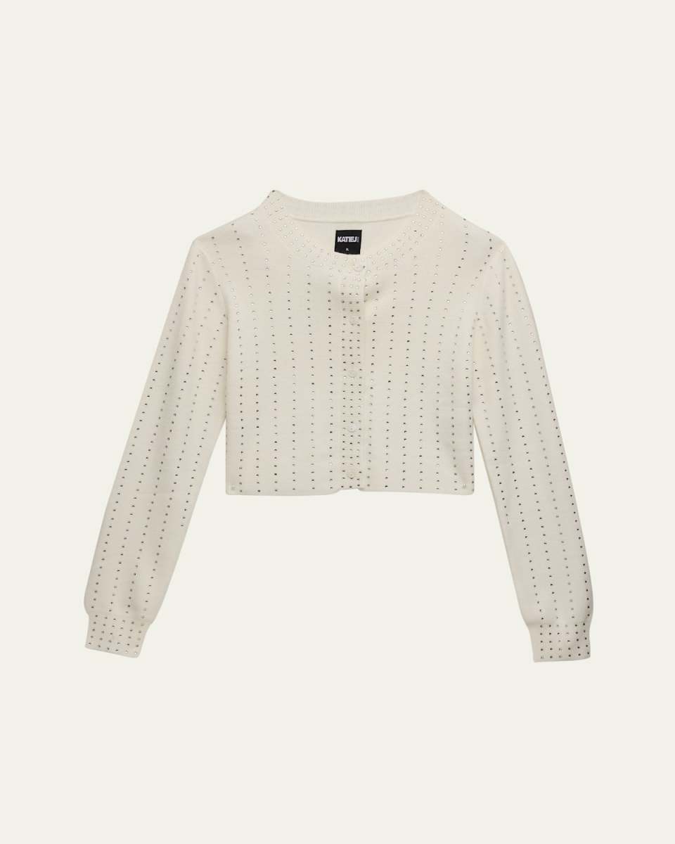 Girl's Rhinestone Wool-Silk Cardigan, Size S-XL